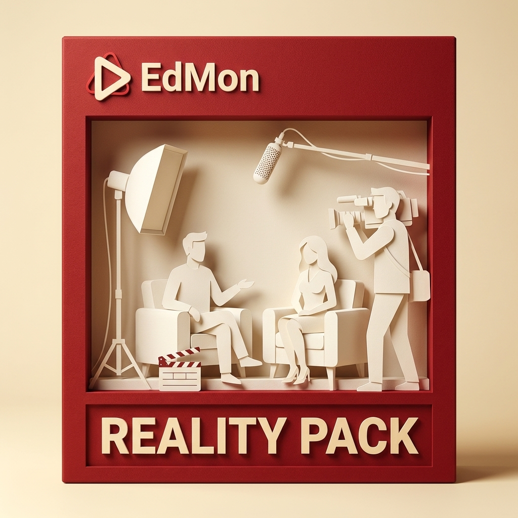 EdMon Reality Pack — a reality television shoot: camera, boom, lighting and a confessional setup