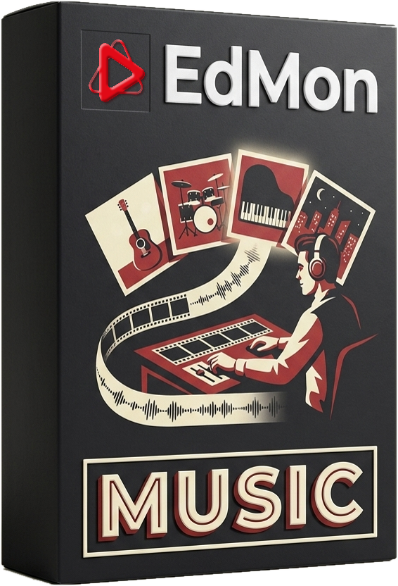 The EdMon Music box — an editor at a mixing desk choosing from a fan of album sleeves.