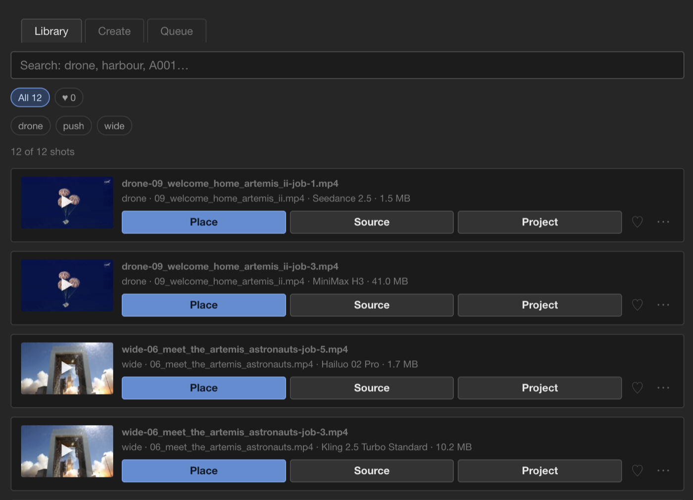 The B-Roll library listing twelve generated shots, each labelled with its source clip, camera move and the model that made it
