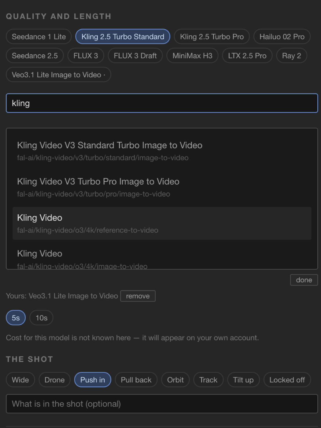 The B-Roll model picker: ten models to choose from, a search field for adding any other by its fal.ai id, a five or ten second length, and a note that the cost of a generation appears on your own account