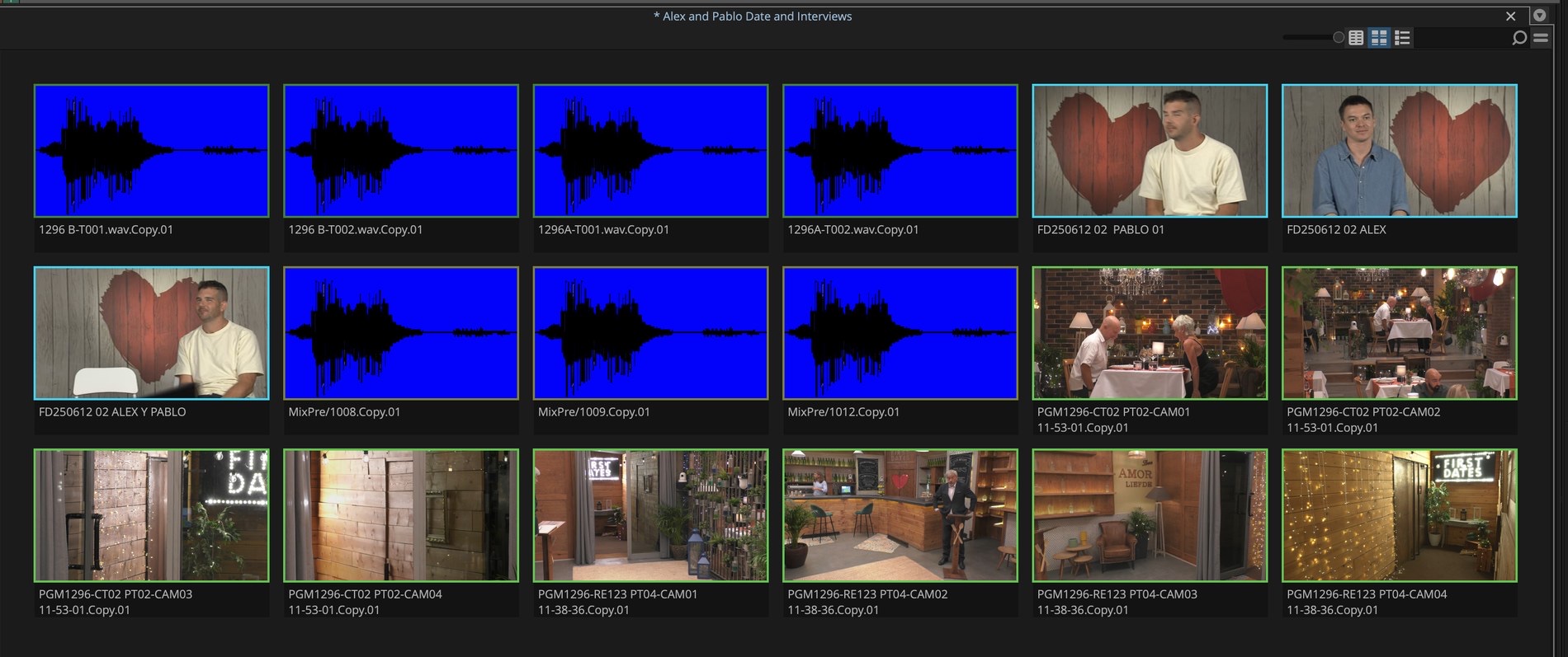 A real Avid bin: recorder audio files, interview clips and eight camera angles from two rigs