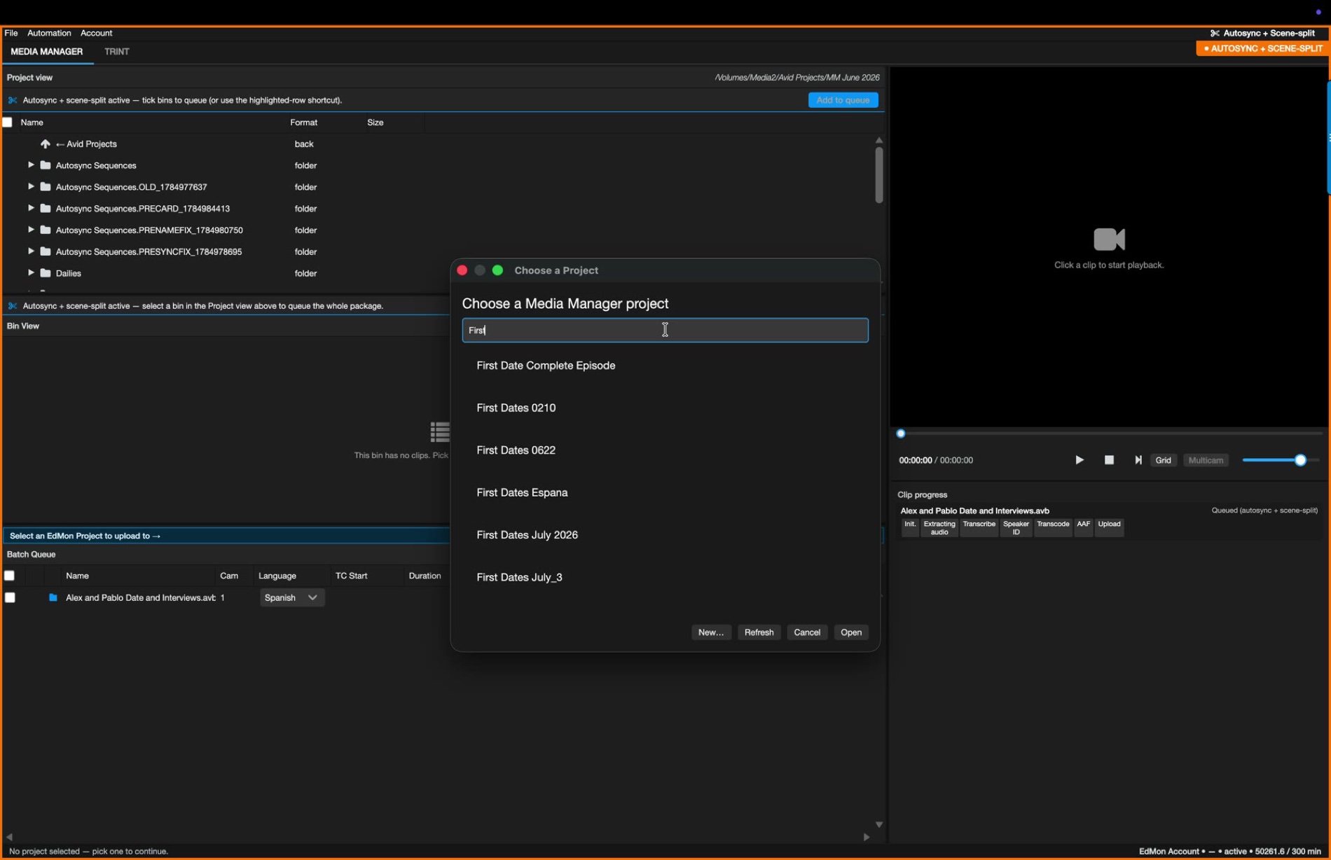 Media Manager with Autosync + Scene-split active: a bin queued in the batch queue with per-stage progress
