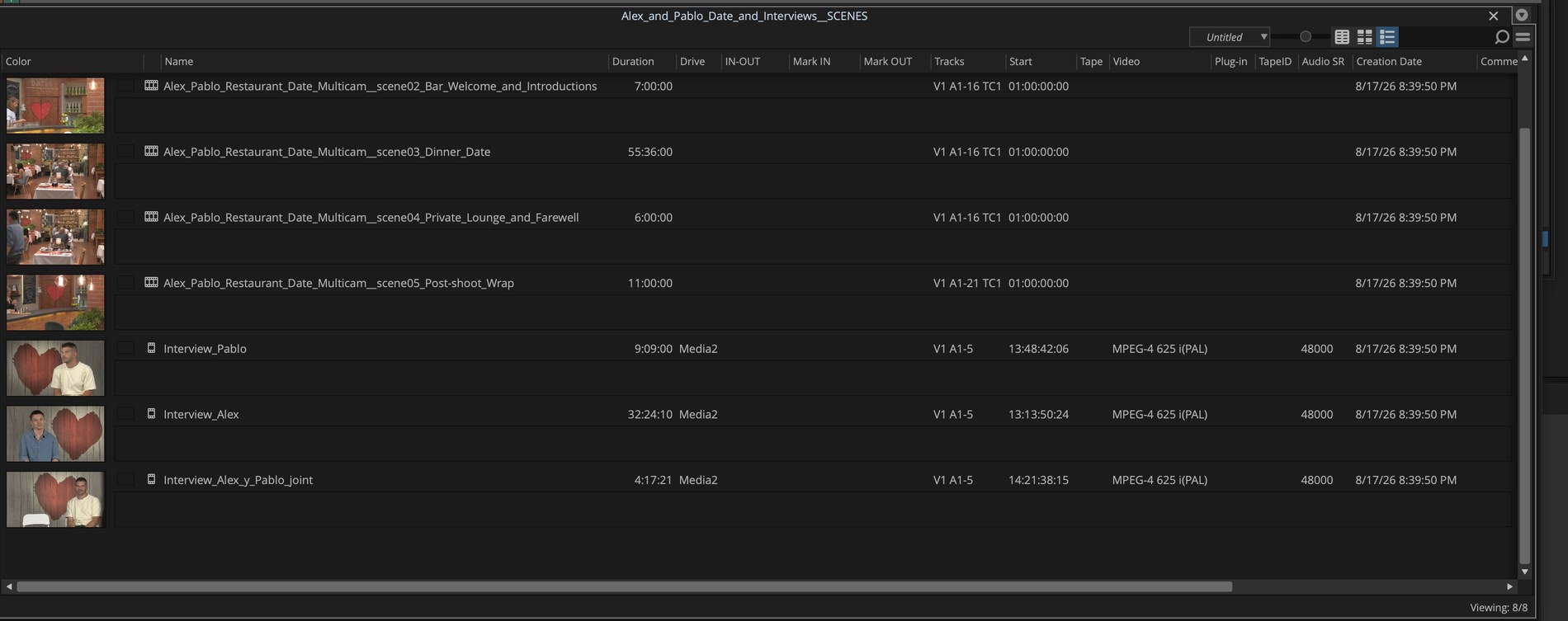 Avid bin Alex_and_Pablo_Date_and_Interviews__SCENES with four multicam scene sequences and three interview clips