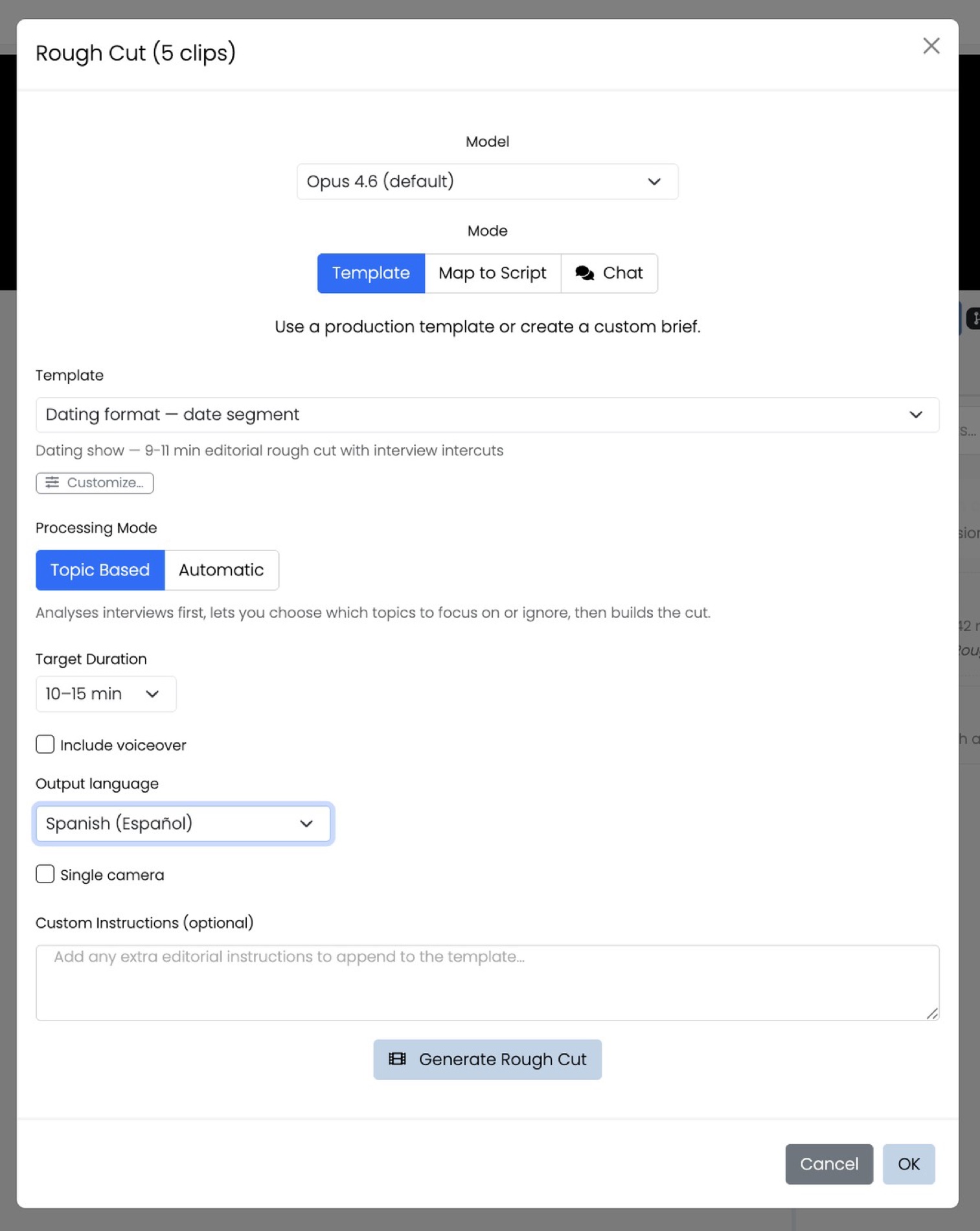 EdMon Rough Cut dialog: template mode with a dating-format date-segment template, target duration and output language
