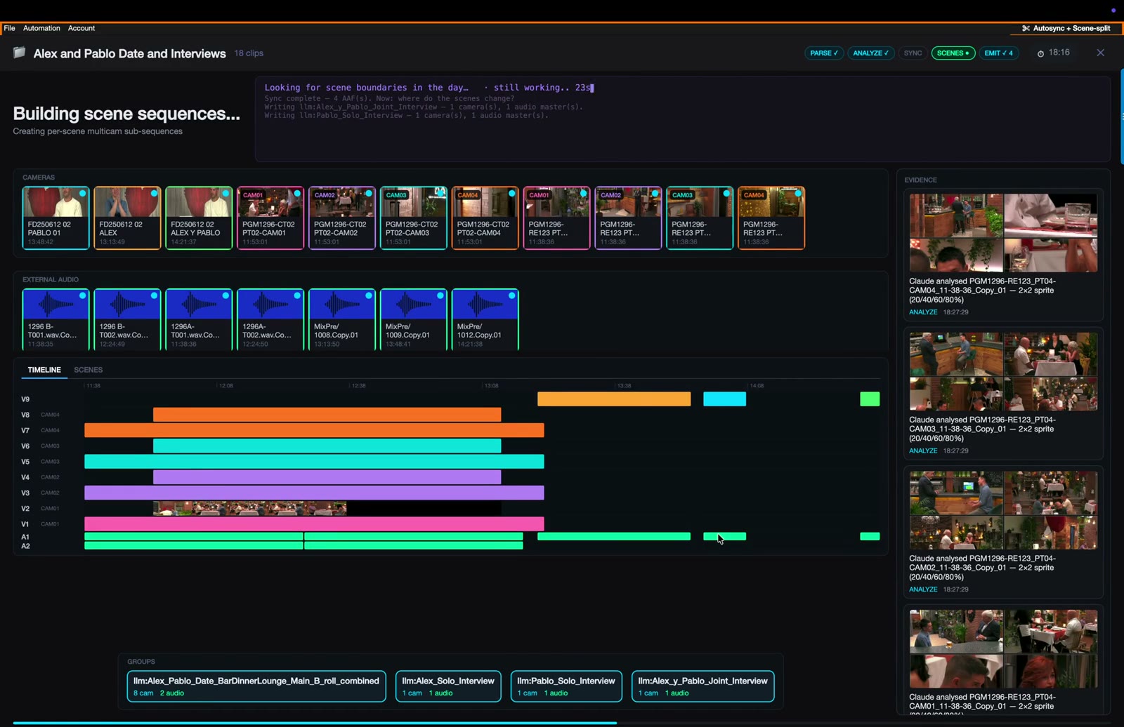 Autosync building the multicam timeline: camera and recorder tracks aligning, then groups forming