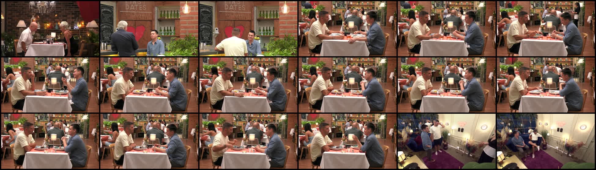 Frames sampled across one camera's day: bar arrival, dinner, then the lounge, showing where scene boundaries fall