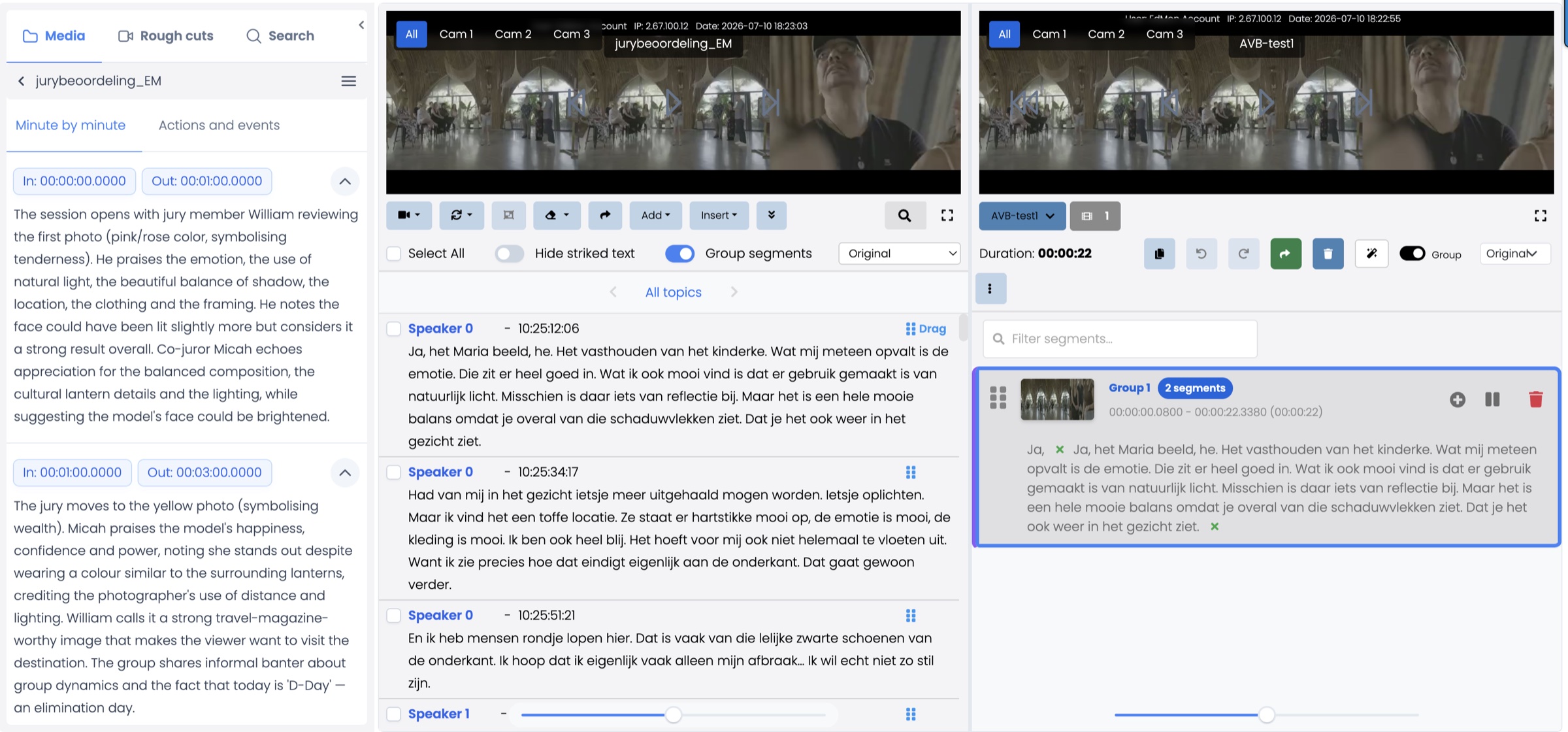 EdMon Producer web app: minute-by-minute summaries, speaker-labelled transcript and a rough-cut group being edited