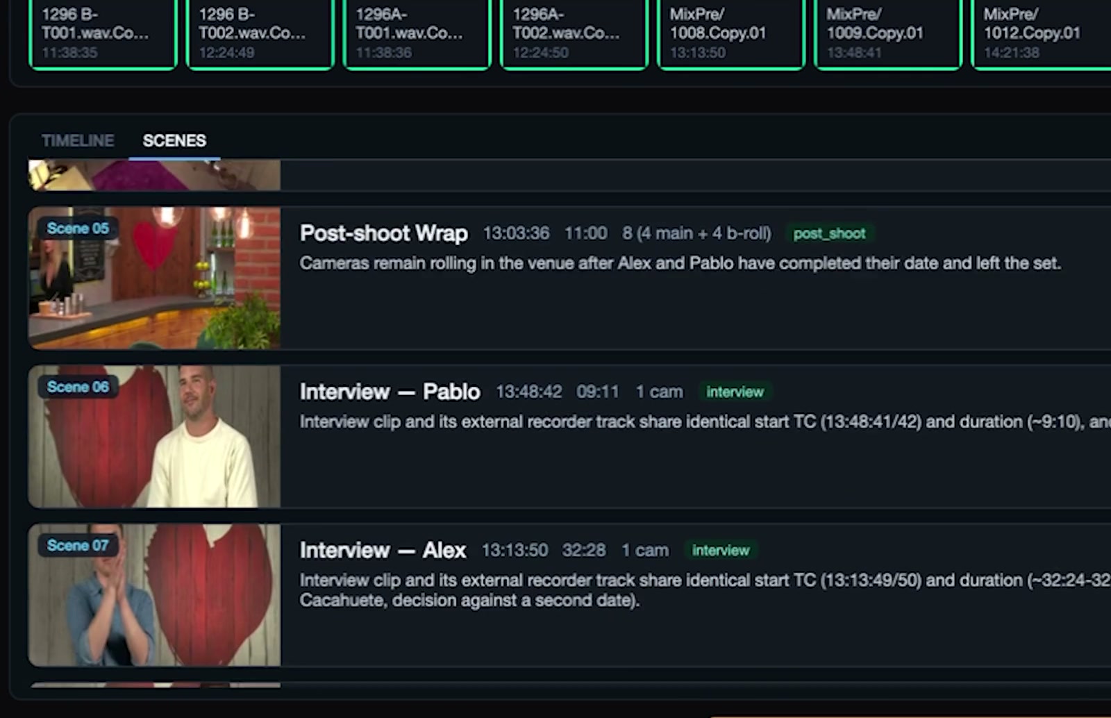 Scene cards: Post-shoot Wrap, Interview Pablo, Interview Alex, each with timecode, duration, cameras and a written description