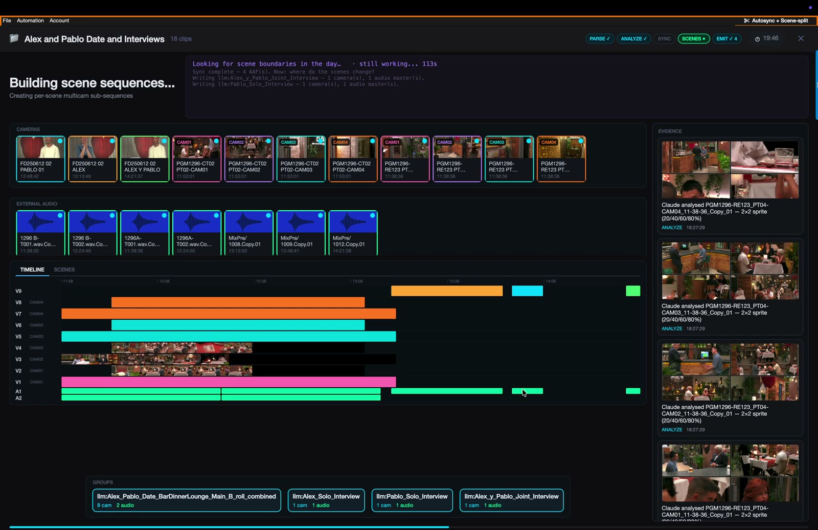 Scene split running: the model looks for scene boundaries across the synced multicam day