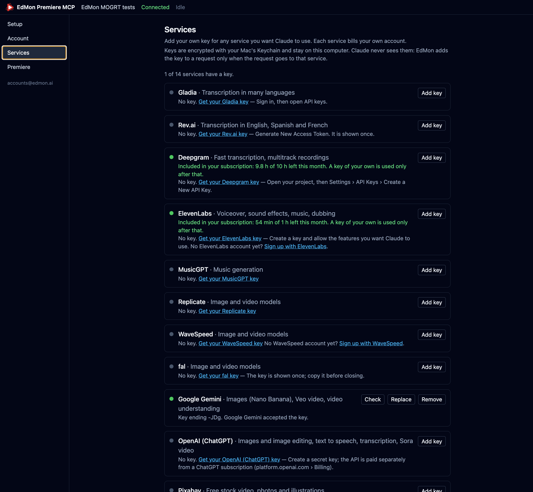 The Services page with a card per service: Gladia, Rev.ai, Deepgram and ElevenLabs showing included hours and minutes, MusicGPT, Replicate, WaveSpeed, fal, Google Gemini with a saved key, and OpenAI.
