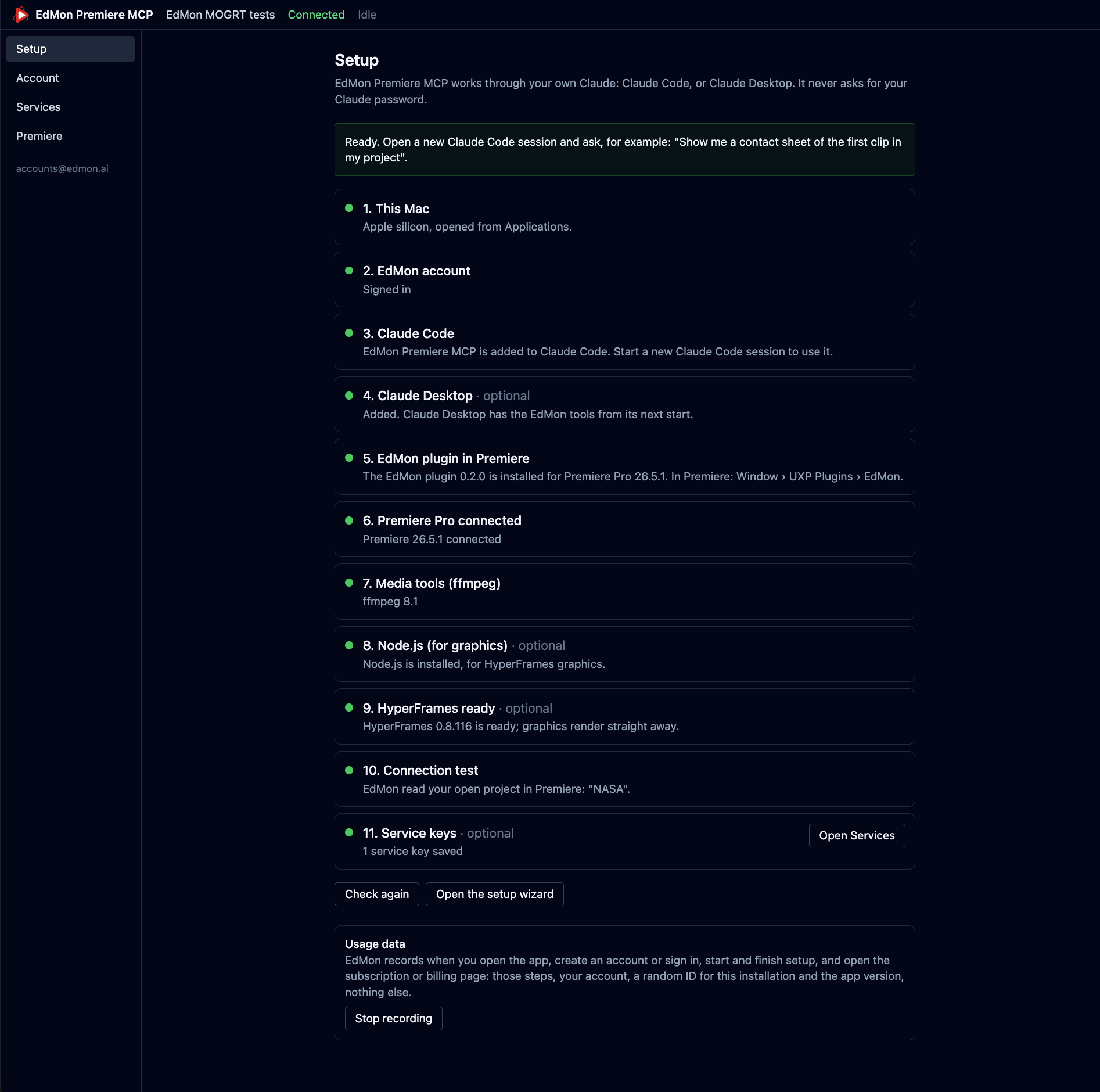 The EdMon Premiere MCP Setup page: every step from This Mac to Service keys shows a green light, with the message Ready, open a new Claude Code session.