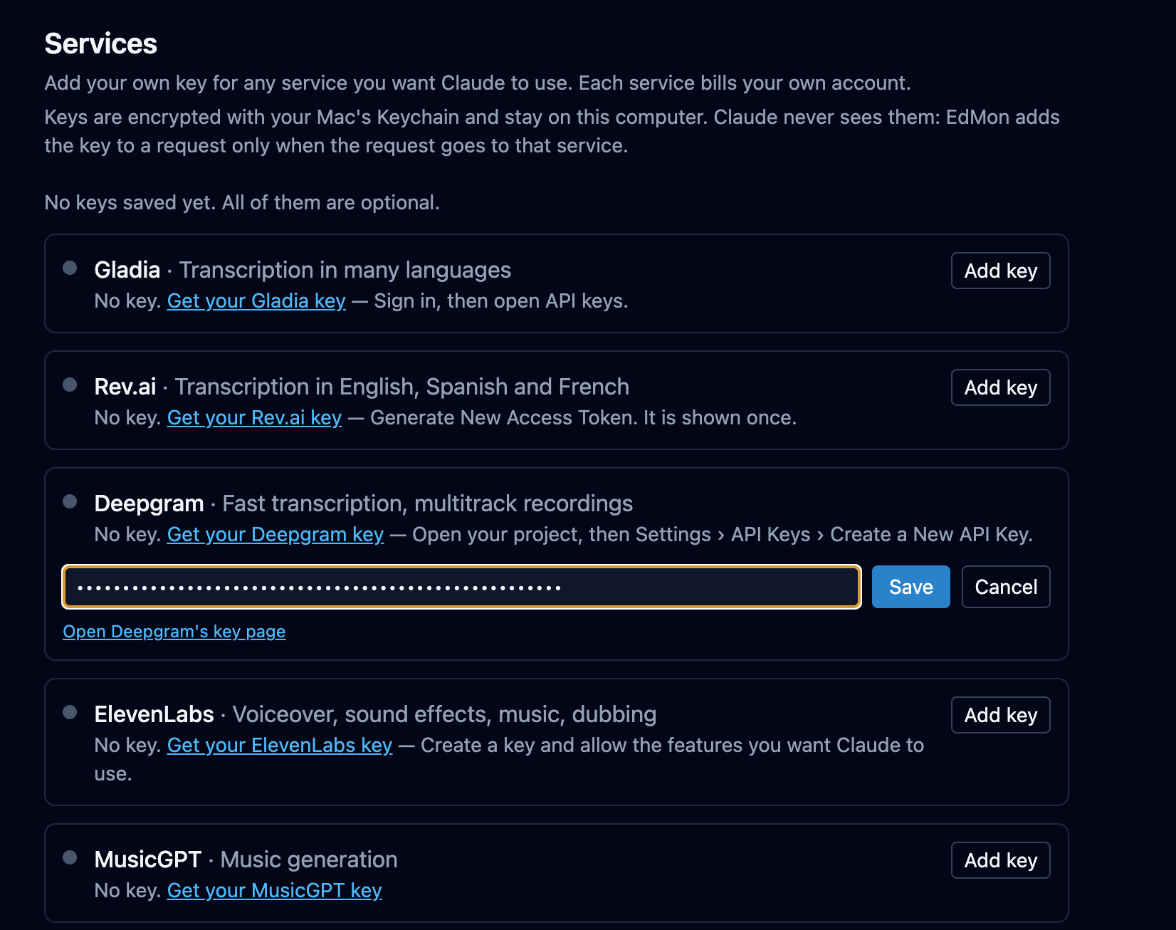 The EdMon app's Services screen: a card for each service, Gladia, Rev.ai, Deepgram, ElevenLabs and MusicGPT, with a link to get a key and an Add key button.