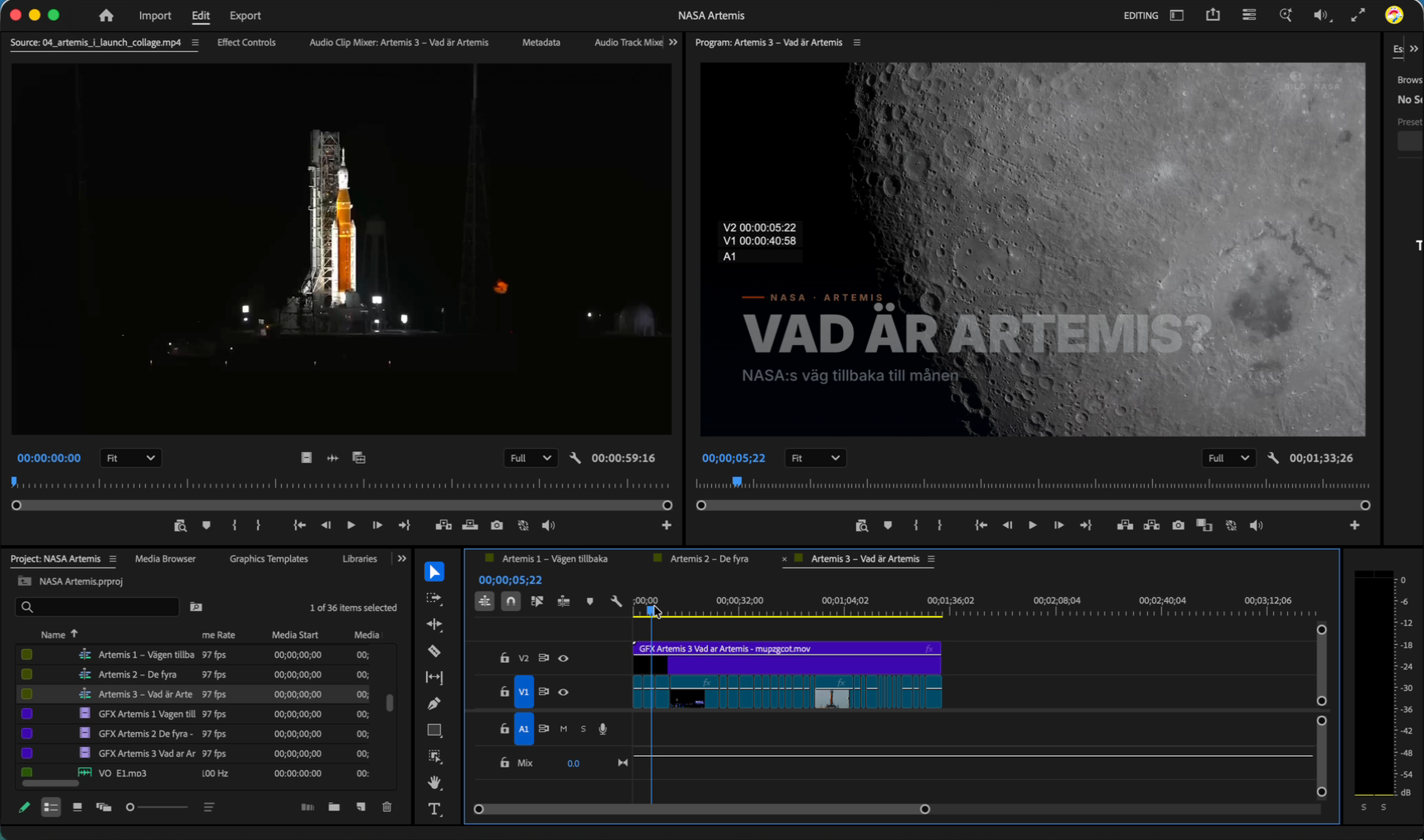 A title card, Vad är Artemis?, rendered with a transparent background and laid over moon footage on the timeline.